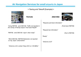 ～Taxiing and Takeoff (Example)～
Ｒemote ANA1892
“Request push-back information”
“Using RWY08, wind 090/12kt Traffic not reported in
the vicinity of Hachijo airport. Push back Rwy08”
“Request taxi information”
“RWY08, wind 090/12kt report when ready”
(Push-back RWY08)
(Taxi to RWY08)
“Ready”
“Wind 090/10kt, RWY08 Obstraction not reported
on rwy, report airbornetime”
“Airborne at 20”
“Airborne at 20, contact Tokyo ACC on 125.9MHz.”
Air Navigation Services for small airports in Japan
 