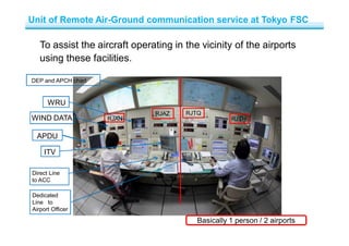 To assist the aircraft operating in the vicinity of the airports
using these facilities.
APDU
DEP and APCH chart
RJAN
RJTQ
ITV
WRU
WIND DATA
Direct Line
to ACC
Dedicated
Line to
Airport Officer
RJAZ
RJTH
Basically 1 person / 2 airports
Unit of Remote Air-Ground communication service at Tokyo FSC
 