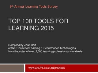 TOP 100 TOOLS FOR
LEARNING 2015
Compiled by Jane Hart
of the Centre for Learning & Performance Technologies
from the votes of over 2,000 learning professionals worldwide
9th Annual Learning Tools Survey
www.C4LPT.co.uk/top100tools
 
