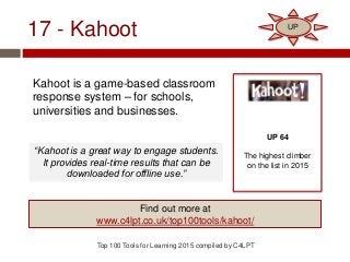 17 - Kahoot
Kahoot is a game-based classroom
response system – for schools,
universities and businesses.
Top 100 Tools for Learning 2015 compiled by C4LPT
UP 64
The highest climber
on the list in 2015
Find out more at
www.c4lpt.co.uk/top100tools/kahoot/
UP
“Kahoot is a great way to engage students.
It provides real-time results that can be
downloaded for offline use.”
 