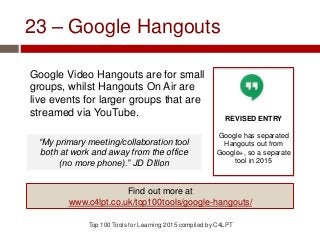 23 – Google Hangouts
Google Video Hangouts are for small
groups, whilst Hangouts On Air are
live events for larger groups that are
streamed via YouTube.
Top 100 Tools for Learning 2015 compiled by C4LPT
REVISED ENTRY
Google has separated
Hangouts out from
Google+, so a separate
tool in 2015
Find out more at
www.c4lpt.co.uk/top100tools/google-hangouts/
“My primary meeting/collaboration tool
both at work and away from the office
(no more phone).” JD DIllon
 