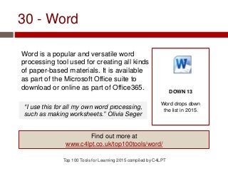30 - Word
Word is a popular and versatile word
processing tool used for creating all kinds
of paper-based materials. It is available
as part of the Microsoft Office suite to
download or online as part of Office365.
Top 100 Tools for Learning 2015 compiled by C4LPT
DOWN 13
Word drops down
the list in 2015.
Find out more at
www.c4lpt.co.uk/top100tools/word/
“I use this for all my own word processing,
such as making worksheets.” Olivia Seger
 
