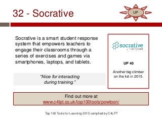 32 - Socrative
Socrative is a smart student response
system that empowers teachers to
engage their classrooms through a
series of exercises and games via
smartphones, laptops, and tablets.
Top 100 Tools for Learning 2015 compiled by C4LPT
UP 40
Another big climber
on the list in 2015.
Find out more at
www.c4lpt.co.uk/top100tools/powtoon/
UP
“Nice for interacting
during training.”
 