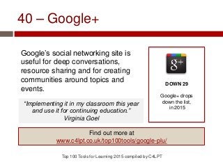 40 – Google+
Google’s social networking site is
useful for deep conversations,
resource sharing and for creating
communities around topics and
events.
Top 100 Tools for Learning 2015 compiled by C4LPT
DOWN 29
Google+ drops
down the list,
in 2015
Find out more at
www.c4lpt.co.uk/top100tools/google-plu/
“Implementing it in my classroom this year
and use it for continuing education.”
Virginia Goel
 