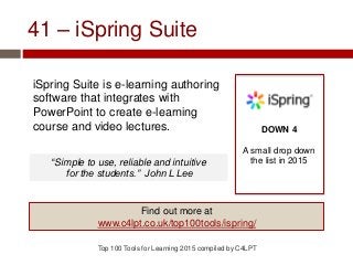 41 – iSpring Suite
iSpring Suite is e-learning authoring
software that integrates with
PowerPoint to create e-learning
course and video lectures.
Top 100 Tools for Learning 2015 compiled by C4LPT
DOWN 4
A small drop down
the list in 2015
Find out more at
www.c4lpt.co.uk/top100tools/ispring/
“Simple to use, reliable and intuitive
for the students.” John L Lee
 