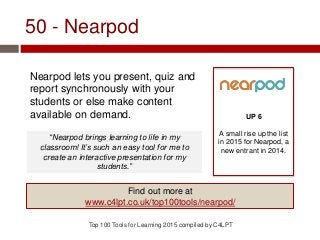 50 - Nearpod
Nearpod lets you present, quiz and
report synchronously with your
students or else make content
available on demand.
Top 100 Tools for Learning 2015 compiled by C4LPT
UP 6
A small rise up the list
in 2015 for Nearpod, a
new entrant in 2014.
Find out more at
www.c4lpt.co.uk/top100tools/nearpod/
“Nearpod brings learning to life in my
classroom! It’s such an easy tool for me to
create an interactive presentation for my
students.”
 