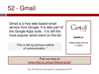 52 - Gmail
Gmail is a free web-based email
service from Google. It is also part of
the Google Apps suite. It is still the
most popular email client on the list.
Top 100 Tools for Learning 2015 compiled by C4LPT
DOWN 21
A drop down the list
in 2015
Find out more at
www.c4lpt.co.uk/top100tools/gmail/
“This is still my primary method
of communication. ”
 