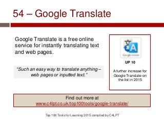 54 – Google Translate
Google Translate is a free online
service for instantly translating text
and web pages.
Top 100 Tools for Learning 2015 compiled by C4LPT
UP 10
A further increase for
Google Translate on
the list in 2015
Find out more at
www.c4lpt.co.uk/top100tools/google-translate/
“Such an easy way to translate anything –
web pages or inputted text.”
 