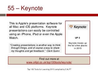 55 – Keynote
This is Apple’s presentation software for
all Mac and iOS platforms. Keynote
presentations can easily be controlled
using an iPhone, iPad or even the Apple
Watch.
Top 100 Tools for Learning 2015 compiled by C4LPT
UP 2
Keynote moves up
the list a few places
in 2015
Find out more at
www.c4lpt.co.uk/top100tools/keynote/
“Creating presentations is another way to think
through things, and of course a way to share
my thoughts and get feedback.” Clark Quinn
 