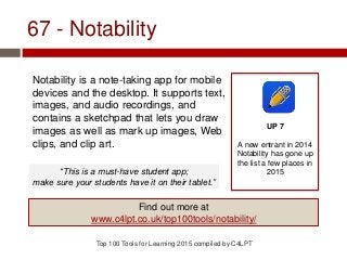 67 - Notability
Notability is a note-taking app for mobile
devices and the desktop. It supports text,
images, and audio recordings, and
contains a sketchpad that lets you draw
images as well as mark up images, Web
clips, and clip art.
Top 100 Tools for Learning 2015 compiled by C4LPT
UP 7
A new entrant in 2014
Notability has gone up
the list a few places in
2015
Find out more at
www.c4lpt.co.uk/top100tools/notability/
“This is a must-have student app;
make sure your students have it on their tablet.”
 