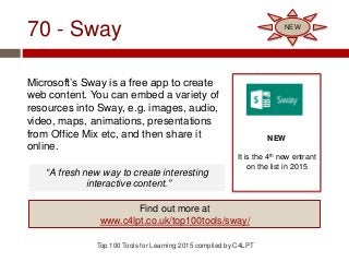 70 - Sway
Microsoft’s Sway is a free app to create
web content. You can embed a variety of
resources into Sway, e.g. images, audio,
video, maps, animations, presentations
from Office Mix etc, and then share it
online.
Top 100 Tools for Learning 2015 compiled by C4LPT
NEW
It is the 4th new entrant
on the list in 2015
Find out more at
www.c4lpt.co.uk/top100tools/sway/
NEW
“A fresh new way to create interesting
interactive content.”
 