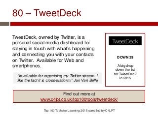 80 – TweetDeck
TweetDeck, owned by Twitter, is a
personal social media dashboard for
staying in touch with what’s happening
and connecting you with your contacts
on Twitter. Available for Web and
smartphones.
Top 100 Tools for Learning 2015 compiled by C4LPT
DOWN 29
A big drop
down the list
for TweetDeck
in 2015
Find out more at
www.c4lpt.co.uk/top100tools/tweetdeck/
“Invaluable for organising my Twitter stream. I
like the fact it is cross-platform.” Jan Van Belle
 