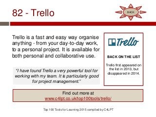 82 - Trello
Trello is a fast and easy way organise
anything - from your day-to-day work,
to a personal project. It is available for
both personal and collaborative use.
Top 100 Tools for Learning 2015 compiled by C4LPT
BACK ON THE LIST
Trello first appeared on
the list in 2013, but
disappeared in 2014.
Find out more at
www.c4lpt.co.uk/top100tools/trello/
“I have found Trello a very powerful tool for
working with my team. It is particularly good
for project management.”
BACK
 