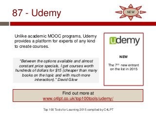 87 - Udemy
Unlike academic MOOC programs, Udemy
provides a platform for experts of any kind
to create courses.
Top 100 Tools for Learning 2015 compiled by C4LPT
NEW
The 7th new entrant
on the list in 2015
Find out more at
www.c4lpt.co.uk/top100tools/udemy/
NEW
“Between the options available and almost
constant price specials, I get courses worth
hundreds of dollars for $15 (cheaper than many
books on the topic and with much more
interaction).” David Glow
 