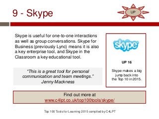 9 - Skype
Skype is useful for one-to-one interactions
as well as group conversations. Skype for
Business (previously Lync)...