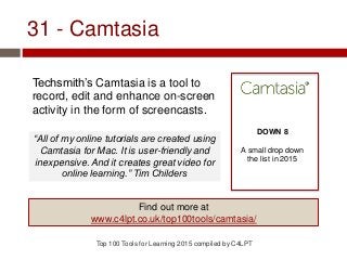 31 - Camtasia
Techsmith’s Camtasia is a tool to
record, edit and enhance on-screen
activity in the form of screencasts.
To...