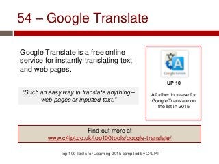 54 – Google Translate
Google Translate is a free online
service for instantly translating text
and web pages.
Top 100 Tool...