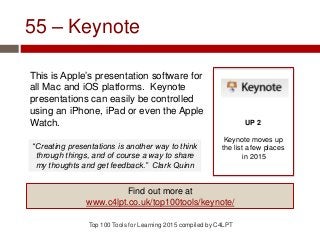 55 – Keynote
This is Apple’s presentation software for
all Mac and iOS platforms. Keynote
presentations can easily be cont...