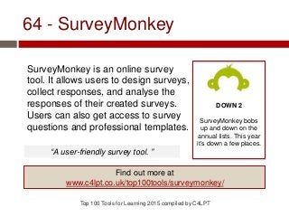 64 - SurveyMonkey
SurveyMonkey is an online survey
tool. It allows users to design surveys,
collect responses, and analyse...