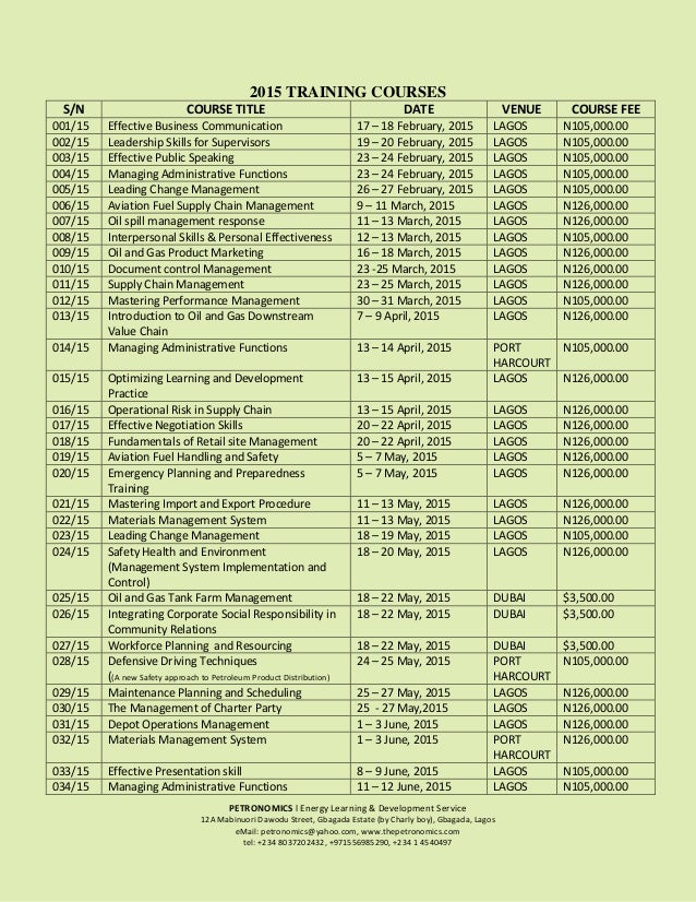 2015 training calendar