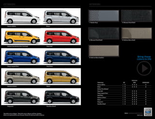 Bring these 
colors to life 
2015 transit connect 
ford.com 
Race Red 
Dark Blue 
Solar 
Panther Black 
Exteriors 
Frozen White Silver 
School Bus Yellow (Taxi Package) 
Deep Impact Blue 
Tectonic Silver 
Magnetic 
1Available only on Wagon. 2Available only on Wagon with Taxi Package. 
Colors are representative only. See your dealer for actual paint/trim options. 
interiors 
1 Pewter Vinyl 2 Charcoal Black Cloth 
3 Charcoal Black Cloth 4 Medium Stone Cloth 
5 Medium Stone Leather1 
I nteriors 
Exteriors XL XLT Titanium 
Frozen White 1 2 3 4 5 5 
Silver 1 2 3 4 5 5 
School Bus Yellow2 1 2 
Race Red 1 2 3 4 5 5 
Deep Impact Blue1 1 2 3 4 5 5 
Dark Blue 1 2 3 4 5 5 
Tectonic Silver1 1 2 3 4 5 5 
Solar1 1 2 3 4 5 5 
Magnetic1 1 2 3 4 5 5 
Panther Black 1 2 3 4 5 5 
 