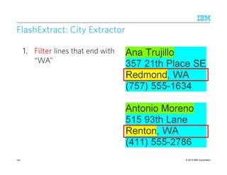 © 2015 IBM Corporation
FlashExtract: City ExtractorFlashExtract: City ExtractorFlashExtract: City ExtractorFlashExtract: City Extractor
1.1.1.1. FilterFilterFilterFilter lines that end with
“WA”
120
 