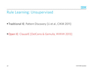 © 2015 IBM Corporation
Rule Learning: UnsupervisedRule Learning: UnsupervisedRule Learning: UnsupervisedRule Learning: Unsupervised
Traditional IE:Traditional IE:Traditional IE:Traditional IE: Pattern Discovery [Li et al., CIKM 2011]
Open IE:Open IE:Open IE:Open IE: ClauseIE [DelCorro & Gemulla, WWW 2013]
138
 