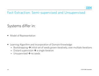 © 2015 IBM Corporation
Fact Extraction: SemiFact Extraction: SemiFact Extraction: SemiFact Extraction: Semi----supervised and Unsupervisedsupervised and Unsupervisedsupervised and Unsupervisedsupervised and Unsupervised
Systems differ in:
Model of Representation
Learning Algorithm and Incorporation of Domain Knowledge:
– Bootstrapping initial set of seeds grown iteratively, over multiple iterations
– Distant supervision a single iteration
– Unsupervised no seeds
152
 
