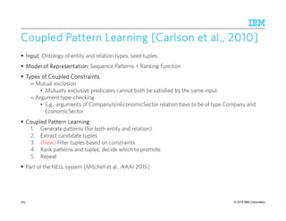 © 2015 IBM Corporation
Coupled Pattern Learning [Carlson et al., 2010]Coupled Pattern Learning [Carlson et al., 2010]Coupled Pattern Learning [Carlson et al., 2010]Coupled Pattern Learning [Carlson et al., 2010]
InputInputInputInput: Ontology of entity and relation types; seed tuples
Model of RepresentationModel of RepresentationModel of RepresentationModel of Representation: Sequence Patterns + Ranking Function
Types ofTypes ofTypes ofTypes of Coupled ConstraintsCoupled ConstraintsCoupled ConstraintsCoupled Constraints
– Mutual exclusion
• Mutually exclusive predicates cannot both be satisfied by the same input
– Argument type-checking
• E.g., arguments of CompanyIsInEconomicSector relation have to be of type Company and
EconomicSector
Coupled Pattern Learning:Coupled Pattern Learning:Coupled Pattern Learning:Coupled Pattern Learning:
1. Generate patterns (for both entity and relation)
2. Extract candidate tuples
3. (New) Filter tuples based on constraints
4. Rank patterns and tuples; decide which to promote
5. Repeat
Part of the NELL system [Mitchell et al., AAAI 2015]
163
 