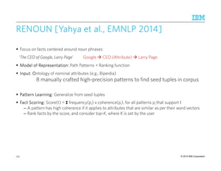 © 2015 IBM Corporation
RENOUN [YahyaRENOUN [YahyaRENOUN [YahyaRENOUN [Yahya etetetet alalalal., EMNLP., EMNLP., EMNLP., EMNLP 2014201420142014]]]]
Focus on facts centered around noun phrases:
‘The CEO of Google, Larry Page’ Google CEO (Attribute) Larry Page
Model of Representation:Model of Representation:Model of Representation:Model of Representation: Path Patterns + Ranking function
Input: OInput: OInput: OInput: Ontology of nominal attributes (e.g., Biperdia)
8 manually crafted high-precision patterns to find seed tuples in corpus
E.g., <Attribute> of <Subject>, <Object>
PatternPatternPatternPattern LearningLearningLearningLearning:::: Generalize from seed tuples
Fact Scoring:Fact Scoring:Fact Scoring:Fact Scoring: Score(t) = Σ frequency(pi) x coherence(pi), for all patterns pi that support t
– A pattern has high coherence if it applies to attributes that are similar as per their word vectors
– Rank facts by the score, and consider top-K, where K is set by the user
173
 