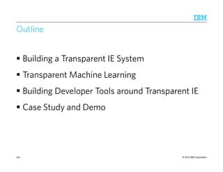 © 2015 IBM Corporation
Outline
Building a Transparent IE System
Transparent Machine Learning
Building Developer Tools around Transparent IE
Case Study and Demo
189
 