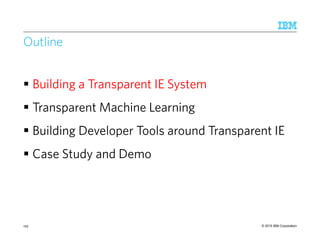 © 2015 IBM Corporation
Outline
Building a Transparent IE System
Transparent Machine Learning
Building Developer Tools around Transparent IE
Case Study and Demo
195
 