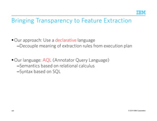 © 2015 IBM Corporation
Bringing Transparency to Feature ExtractionBringing Transparency to Feature ExtractionBringing Transparency to Feature ExtractionBringing Transparency to Feature Extraction
Our approach: Use a declarative language
–Decouple meaning of extraction rules from execution plan
Our language: AQL (Annotator Query Language)
–Semantics based on relational calculus
–Syntax based on SQL
196
 
