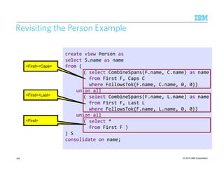 © 2015 IBM Corporation
create view Person as
select S.name as name
from (
( select CombineSpans(F.name, C.name) as name
from First F, Caps C
where FollowsTok(F.name, C.name, 0, 0))
union all
( select CombineSpans(F.name, L.name) as name
from First F, Last L
where FollowsTok(F.name, L.name, 0, 0))
union all
( select *
from First F )
) S
consolidate on name;
<First><Caps>
<First><Last>
<First>
Revisiting the Person Example
199
 