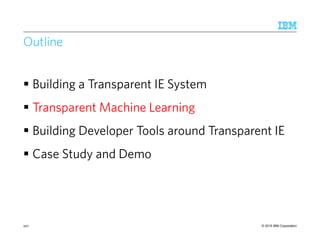 © 2015 IBM Corporation
Outline
Building a Transparent IE System
Transparent Machine Learning
Building Developer Tools around Transparent IE
Case Study and Demo
207
 