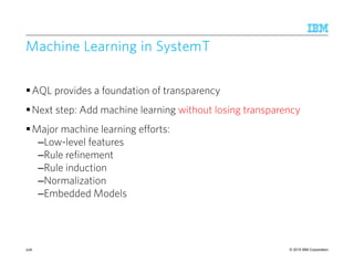 © 2015 IBM Corporation
Machine Learning inMachine Learning inMachine Learning inMachine Learning in SystemTSystemTSystemTSystemT
AQL provides a foundation of transparency
Next step: Add machine learning without losing transparency
Major machine learning efforts:
–Low-level features
–Rule refinement
–Rule induction
–Normalization
–Embedded Models
208
 