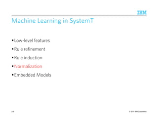 © 2015 IBM Corporation
Machine Learning inMachine Learning inMachine Learning inMachine Learning in SystemTSystemTSystemTSystemT
Low-level features
Rule refinement
Rule induction
Normalization
Embedded Models
218
 