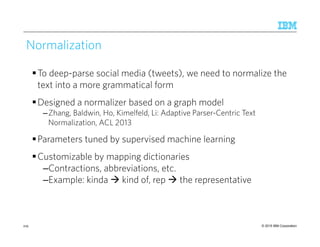 © 2015 IBM Corporation219
Normalization
To deep-parse social media (tweets), we need to normalize the
text into a more grammatical form
Designed a normalizer based on a graph model
–Zhang, Baldwin, Ho, Kimelfeld, Li: Adaptive Parser-Centric Text
Normalization, ACL 2013
Parameters tuned by supervised machine learning
Customizable by mapping dictionaries
–Contractions, abbreviations, etc.
–Example: kinda kind of, rep the representative
 