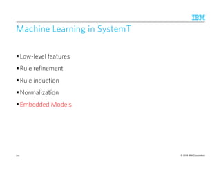 © 2015 IBM Corporation
Machine Learning inMachine Learning inMachine Learning inMachine Learning in SystemTSystemTSystemTSystemT
Low-level features
Rule refinement
Rule induction
Normalization
Embedded Models
221
 