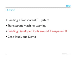 © 2015 IBM Corporation
Outline
Building a Transparent IE System
Transparent Machine Learning
Building Developer Tools around Transparent IE
Case Study and Demo
224
 