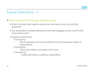 © 2015 IBM Corporation
Future Directions - 1
DefineDefineDefineDefine a standard IEa standard IEa standard IEa standard IE languagelanguagelanguagelanguage and dataand dataand dataand data modelmodelmodelmodel
What is the right data model to capture text, annotations over text, and their
properties?
Can we establish a standard declarative extensible language to solve most IE tasks
encountered so far?
Desired characteristics:
• Expressivity:
Able to represent and combine different kinds of transparent models of
representation
• Extensibility:
Allow new models to be added in the future
• Declarativity:
Enable optimization, scalability, explainability
253
 
