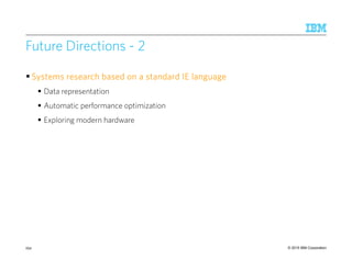 © 2015 IBM Corporation
Future Directions - 2
SystemsSystemsSystemsSystems research based on a standard IEresearch based on a standard IEresearch based on a standard IEresearch based on a standard IE languagelanguagelanguagelanguage
Data representation
Automatic performance optimization
Exploring modern hardware
254
 