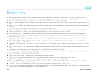 © 2015 IBM Corporation
References
[Agichtein & Gravano 2000] Eugene Agichtein, Luis Gravano. Snowball: extracting relations from large plain-text collections. ACM Conference on Digital Libraries, 2000
[Aitken 2002] Learning information extraction rules: An inductive logic programming approach, European Conference on Artiﬁcial Intelligence, 2002
[Baldwin et al, 2013] Tyler Baldwin, Yunyao Li, Bogdan Alexe, Ioana R Stanoi. Automatic Term Ambiguity Detection. ACL 2013
[Banko et al., 2007] Michele Banko, Michael J. Cafarella, Stephen Soderland, Matthew Broadhead, Oren Etzioni: Open Information Extraction from the Web. IJCAI 2007: 2670-
2676
[Brauer et al., 2011] Falk Brauer, Robert Rieger, Adrian Mocan, Wojciech M. Barczynski:Enabling information extraction by inference of regular expressions from sample entities.
CIKM 2011
[Brin 1998] Sergey Brin. Extracting Patterns and Relations from the World Wide Web. WebDB, 1998
[Cafarella et al., 2005] Michael J. Cafarella, Doug Downey, Stephen Soderland, Oren Etzioni . KnowItNow: fast, scalable information extraction from the web. HLT 2005
[Califf & Mooney 1999] M. E. Calif and R. J. Mooney, Relational learning of pattern-match rules for information extraction, AAAI 1999
[Califf & Mooney 2003] M. Calif and R. Mooney, Bottom-up Relational Learning of Pattern Matching Rules for Information Extraction, Journal of Machine Learning 2003.
[Carlson et al. 2010] Andrew Carlson, Justin Betteridge, Richard C. Wang, Estevam R. Hruschka, Jr., Tom M. Mitchell , Coupled semi-supervised learning for information
extraction, WSDM 2010
[Chang & Manning 2014] Angel X. Chang and Christopher D. Manning. 2014. TokensRegex: Defining cascaded regular expressions over tokens. Stanford University Technical
Report, 2014.
[Chiticariu et al., 2010] Laura Chiticariu, Rajasekar Krishnamurthy, Yunyao Li, Frederick Reiss, Shivakumar Vaithyanathan. Domain adaptation of rule-based annotators for
named-entity recognition tasks. EMNLP 2010
[Cheney et al, 2009] James Cheney, Laura Chiticariu, Wang Chiew Tan: Provenance in Databases: Why, How, and Where. Foundations and Trends in Databases 1(4): 379-474
(2009)
[Choi et al., 2005] Yejin Choi, Claire Cardie, Ellen Riloff, Siddharth Patwardhan: Identifying Sources of Opinions with Conditional Random Fields and Extraction Patterns. EMNLP
2005
[Ciravegna 2001] F. Ciravegna, Adaptive information extraction from text by rule induction and generalization. IJCAI 2001
[Coden 2014] Anni Coden, Daniel Gruhl, Neal Lewis, Pablo N. Mendes, Meena Nagarajan, Cartic Ramakrishnan, Steve Welch: Semantic Lexicon Expansion for Concept-Based
Aspect-Aware Sentiment Analysis. SemWebEval@ESWC 2014: 34-40
[Cohen 1995] W. Cohen. Fast effective Rule Induction. ICML 1995
[Cohen & Singer 1999] W. Cohen, Y. Singer. A Simple, Fast and Effective Rule Learner. AAAI 1999
[Davidson & Freire, 2008] Susan B. Davidson, Juliana Freire: Provenance and scientific workflows: challenges and opportunities. SIGMOD 2008
[Del Corro & Gemulla 2013] Luciano Del Corro, Rainer Gemulla. ClausIE: clause-based open information extraction. WWW 2013
[Downey et al., 2004] Doug Downey, Oren Etzioni, Stephen Soderland, and Daniel S. Weld. Learning Text Patterns for Web Information Extraction and Assessment. AAAI
Workshop on Adaptive Text Extraction and Mining, 2004
[Downey et al. 2007] Doug Downey, Matthew Broadhead, Oren Etzioni: Locating Complex Named Entities in Web Text. IJCAI 2007
[Etzioni et al, 2005] Oren Etzioni, Michael Cafarella, Doug Downey, Ana-Maria Popescu, Tal Shaked, Stephen Soderland, Daniel S. Weld, Alexander Yates. Unsupervised named-
entity extraction from the web: an experimental study. J Artificial Intelligence 2005
256
 