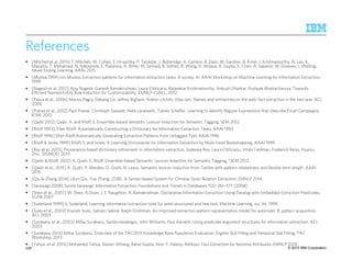 © 2015 IBM Corporation
References
[Mitchell et al. 2015] T. Mitchell, W. Cohen, E. Hruschka, P. Talukdar, J. Betteridge, A. Carlson, B. Dalvi, M. Gardner, B. Kisiel, J. Krishnamurthy, N. Lao, K.
Mazaitis, T. Mohamed, N. Nakashole, E. Platanios, A. Ritter, M. Samadi, B. Settles, R. Wang, D. Wijaya, A. Gupta, X. Chen, A. Saparov, M. Greaves, J. Welling.
Never Ending Learning. AAAI 2015
[Muslea 1999] Ion Muslea. Extraction patterns for information extraction tasks: A survey. In: AAAI Workshop on Machine Learning for Information Extraction,
1999
[Nagesh et al, 2012] Ajay Nagesh, Ganesh Ramakrishnan, Laura Chiticariu, Rajasekar Krishnamurthy, Ankush Dharkar, Pushpak Bhattacharyya. Towards
Efficient Named-Entity Rule Induction for Customizability, EMNLP-CoNLL, 2012
[Pasca et al., 2006] Marius Paşca, Dekang Lin, Jeffrey Bigham, Andrei Lifchits, Alpa Jain. Names and similarities on the web: fact extraction in the fast lane. ACL
2006
[Prasse et al., 2012] Paul Prasse, Christoph Sawade, Niels Landwehr, Tobias Scheffer: Learning to Identify Regular Expressions that Describe Email Campaigns.
ICML 2012
[Qadir 2012] Qadir, A. and Riloff, E. Ensemble-based Semantic Lexicon Induction for Semantic Tagging, SEM 2012
[Riloff 1993], Ellen Riloff: Automatically Constructing a Dictionary for Information Extraction Tasks. AAAI 1993
[Riloff 1996] Ellen Riloff:Automatically Generating Extraction Patterns from Untagged Text. AAAI 1996
[Riloff & Jones 1999] Riloff, E. and Jones, R. Learning Dictionaries for Information Extraction by Multi-Level Bootstrapping, AAAI 1999
[Roy et al, 2013], Provenance-based dictionary refinement in information extraction, Sudeepa Roy, Laura Chiticariu, Vitaly Feldman, Frederick Reiss, Huaiyu
Zhu, SIGMOD, 2013
[Qadir & Riloff, 2012] A. Qudir, E. Riloff. Ensemble-based Semantic Lexicon Induction for Semantic Tagging, *SEM 2012
[Qadir et al., 2015] A. Qudir, P. Mendes, D. Gruhl, N. Lewis. Semantic lexicon induction from Twitter with pattern relatedness and flexible term length. AAAI
2015
[Qiu & Zhang 2014] Likun Qiu, Yue Zhang. ZORE: A Syntax-based System for Chinese Open Relation Extraction. EMNLP 2014
[Sarawagi 2008] Sunita Sarawagi: Information Extraction. Foundations and Trends in Databases 1(3): 261-377 (2008)
[Shen et al., 2007] W. Shen, A.Doan, J. F. Naughton, R. Ramakrishnan. Declarative Information Extraction Using Datalog with Embedded Extraction Predicates.
VLDB 2007
[Soderland 1999] S. Soderland, Learning information extraction rules for semi-structured and free text, Machine Learning, vol. 34, 1999.
[Sudo et al., 2003] Kiyoshi Sudo, Satoshi Sekine, Ralph Grishman. An improved extraction pattern representation model for automatic IE pattern acquisition.
ACL 2003
[Surdeanu et al., 2003] Mihai Surdeanu, Sanda Harabagiu, John Williams, Paul Aarseth. Using predicate-argument structures for information extraction. ACL
2003
[Surdeanu 2013] Mihai Surdeanu. Overview of the TAC2013 Knowledge Base Population Evaluation: English Slot Filling and Temporal Slot Filling, TAC
Workshop, 2013
[Yahya et al. 2014] Mohamed Yahya, Steven Whang, Rahul Gupta, Alon Y. Halevy. ReNoun: Fact Extraction for Nominal Attributes. EMNLP 2014
258
 