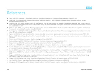 © 2015 IBM Corporation
References
[Akbik et al, 2013] Propminer: A Workflow for Interactive Information Extraction and. Exploration using Dependency Trees. ACL 2013
[Atasu et al., 2013] Kubilay Atasu, Raphael Polig, Christoph Hagleitner, Frederick R. Reiss: Hardware-accelerated regular expression matching for high-
throughput text analytics. FPL 2013
[Chiticariu et al., 2011] Laura Chiticariu, Vivian Chu, Sajib Dasgupta, Thilo W. Goetz, Howard Ho, Rajasekar Krishnamurthy, Alexander Lang, Yunyao Li, Bin Liu,
Sriram Raghavan, Frederick Reiss, Shivakumar Vaithyanathan, Huaiyu Zhu:The SystemT IDE: an integrated development environment for information extraction
rules. SIGMOD Demo 2011
[Chiticariu et al., 2010b] Laura Chiticariu, Rajasekar Krishnamurthy, Yunyao Li, Frederick Reiss, Shivakumar Vaithyanathan: Domain Adaptation of Rule-Based
Annotators for Named-Entity Recognition Tasks. EMNLP 2010
[Cunningham et al., 2002] Hamish Cunningham, Diana Maynard, Kalina Bontcheva, Valentin Tablan: A framework and graphical development environment for
robust NLP tools and applications. ACL 2002
[Fagin et al., 2013] Ronald Fagin, Benny Kimelfeld, Frederick Reiss, Stijn Vansummeren: Spanners: a formal framework for information extraction. PODS 2013
[Fagin et al., 2014] Ronald Fagin, Benny Kimelfeld, Frederick Reiss, Stijn Vansummeren: Cleaning inconsistencies in information extraction via prioritized repairs.
PODS 2014
[Freeman et al, 2011] Extreme Extraction --Machine Reading in a Week, EMNLP 2011
[Gupta and Manning, 2014] SPIED: Stanford Pattern-based Information Extraction and Diagnostics, CoNLL 2014
[He and Grishman, 2015] ICE: Rapid Information Extraction Customization for NLP Novices, NAACL 2015
[Hoffman et al. 2015] R. Hoffmann, L. Zettlemoyer, D.S. Weld . Extreme Extraction: Only One Hour per Relation. June 2015
[Li et al., 2012] Yunyao Li, Laura Chiticariu, Huahai Yang, Frederick Reiss, Arnaldo Carreno-Fuentes: WizIE: A Best Practices Guided Development Environment
for Information Extraction. ACL (System Demonstrations) 2012
[Li et al., 2015] Yunyao Li, Elmer Kim; Marc Touchette; Ramiya Venkatachalam; Hao Wang. VINERy: A Visual IDE for Information Extraction. VLDB Demo, 2015
[McCord et al., 2012] Michael C. McCord, J. William Murdock, Branimir Boguraev: Deep parsing in Watson. IBM Journal of Research and Development 56(3): 3
(2012)
[Polig et al., 2014a] Raphael Polig, Kubilay Atasu, Laura Chiticariu, Christoph Hagleitner, H. Peter Hofstee, Frederick R. Reiss, Huaiyu Zhu, Eva Sitaridi: Giving
Text Analytics a Boost. IEEE Micro 34(4): 6-14 (2014)
[Polig et al., 2014b] Raphael Polig, Kubilay Atasu, Heiner Giefers, Laura Chiticariu: Compiling text analytics queries to FPGAs. FPL 2014
[Sun et al, 2014] Chimera: Large-Scale Classification using Machine Learning, Rules, and Crowdsourcing, VLDB 2014
[Zhang et el., 2013] Congle Zhang, Tyler Baldwin, Howard Ho, Benny Kimelfeld, Yunyao Li: Adaptive Parser-Centric Text Normalization. ACL (1) 2013
259
 