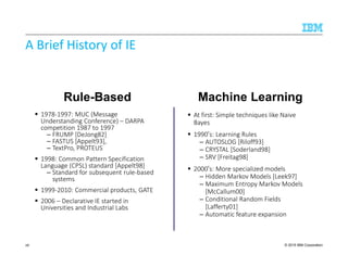 © 2015 IBM Corporation
A Brief History of IE
1978-1997: MUC (Message
Understanding Conference) – DARPA
competition 1987 to 1997
– FRUMP [DeJong82]
– FASTUS [Appelt93],
– TextPro, PROTEUS
1998: Common Pattern Specification
Language (CPSL) standard [Appelt98]
– Standard for subsequent rule-based
systems
1999-2010: Commercial products, GATE
2006 – Declarative IE started in
Universities and Industrial Labs
At first: Simple techniques like Naive
Bayes
1990’s: Learning Rules
– AUTOSLOG [Riloff93]
– CRYSTAL [Soderland98]
– SRV [Freitag98]
2000’s: More specialized models
– Hidden Markov Models [Leek97]
– Maximum Entropy Markov Models
[McCallum00]
– Conditional Random Fields
[Lafferty01]
– Automatic feature expansion
Rule-Based Machine Learning
26
 