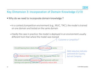 © 2015 IBM Corporation
Key Dimension 3: Incorporation of Domain Knowledge (Key Dimension 3: Incorporation of Domain Knowledge (Key Dimension 3: Incorporation of Domain Knowledge (Key Dimension 3: Incorporation of Domain Knowledge (1/3)1/3)1/3)1/3)
WhyWhyWhyWhy do we need to incorporate domain knowledge ?do we need to incorporate domain knowledge ?do we need to incorporate domain knowledge ?do we need to incorporate domain knowledge ?
–In a contest/competition environment (e.g., MUC, TAC), the model is trained
on one domain and tested on the same domain
–Hardly the case in practice: the model is deployed in an environment usually
different from that where the model was trained
I'm still hearing from clients that Merrill's website is better.
Customer or competitor?
U.S. to Reduce Debt Next Quarter After Borrowing Needs Fall.
We remain confident Computershare will generate sufficient
earnings and operating cash flow to gradually reduce debt.
Debt reduction indicates
sentiment for Country,
but not Company
43
 