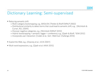 © 2015 IBM Corporation
Dictionary Learning: SemiDictionary Learning: SemiDictionary Learning: SemiDictionary Learning: Semi----supervisedsupervisedsupervisedsupervised
Reducing semantic drift
– Multi-category bootstrapping, e.g., BASILISK [Thellen & Riloff EMNLP 2002]
– Distributional similarity to detect terms that could lead to semantic drift, e.g., [McIntosh &
Curran, ACL 2009]
– Discover negative categories, e.g., [McIntosh EMNLP 2010]
– Hybrid: bootstrapping + semantic tagger + coreference, e.g., [Qadir & Riloff, *SEM 2012]
– Incorporate user interaction: [Coden et al., Sem. Web Eval. Challenge 2014]
Exploit the Web, e.g., [Downey et al., IJCAI 2007]
Multi-word expressions, e.g., [Qadir et al. AAAI 2015]
54
 
