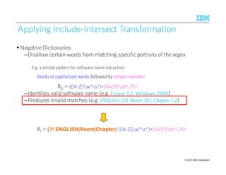 © 2015 IBM Corporation67
Applying Include-Intersect Transformation
Negative Dictionaries
–Disallow certain words from matching specific portions of the regex
E.g. a simple pattern for software name extraction:
blocks of capitalized words followed by version number:
R0 = ([A-Z]w*s*)+[Vv]?(d+.?)+
–Identifies valid software name (e.g. Eclipse 3.2, Windows 2000Eclipse 3.2, Windows 2000Eclipse 3.2, Windows 2000Eclipse 3.2, Windows 2000)
–Produces invalid matches (e.g. ENGLISH 123, Room 301, Chapter 1.2ENGLISH 123, Room 301, Chapter 1.2ENGLISH 123, Room 301, Chapter 1.2ENGLISH 123, Room 301, Chapter 1.2)
Rf = (?! ENGLISH|Room|Chapter) ([A-Z]w*s*)+[Vv]?(d+.?)+
 