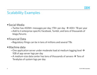 © 2015 IBM Corporation
Scalability Examples
Social Media
–Twitter has 450M+ messages per day; 1TB+ per day 400+ TB per year
–Add to it enterprise-specific Facebook, Tumblr, and tens of thousands of
blogs/forums
Financial Data
–Regulatory filings can be in tens of millions and several TBs
Machine data
–One application server under moderate load at medium logging level
1GB of app server logs per day
–A medium-size data center has tens of thousands of servers Tens of
Terabytes of system logs per day
8
 